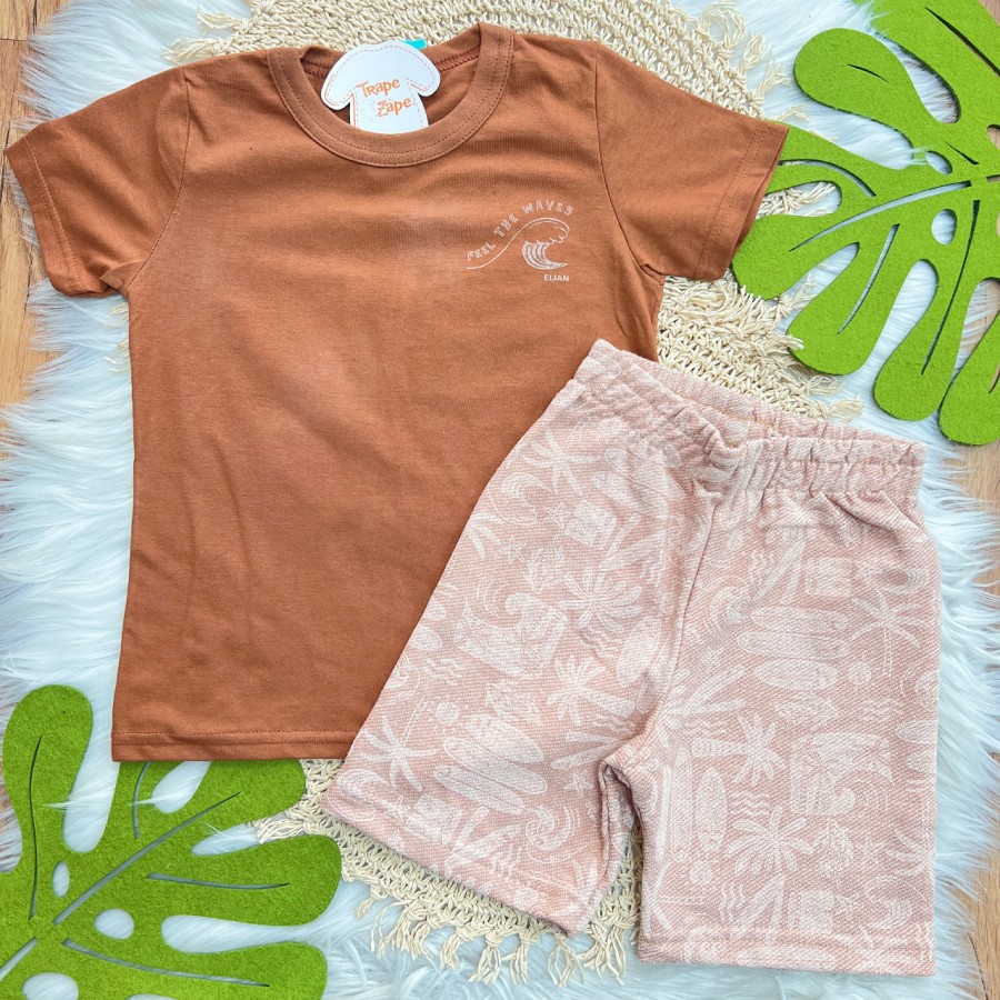 Conj. Camiseta Feel the Waves e Bermuda em Linho - Marrom